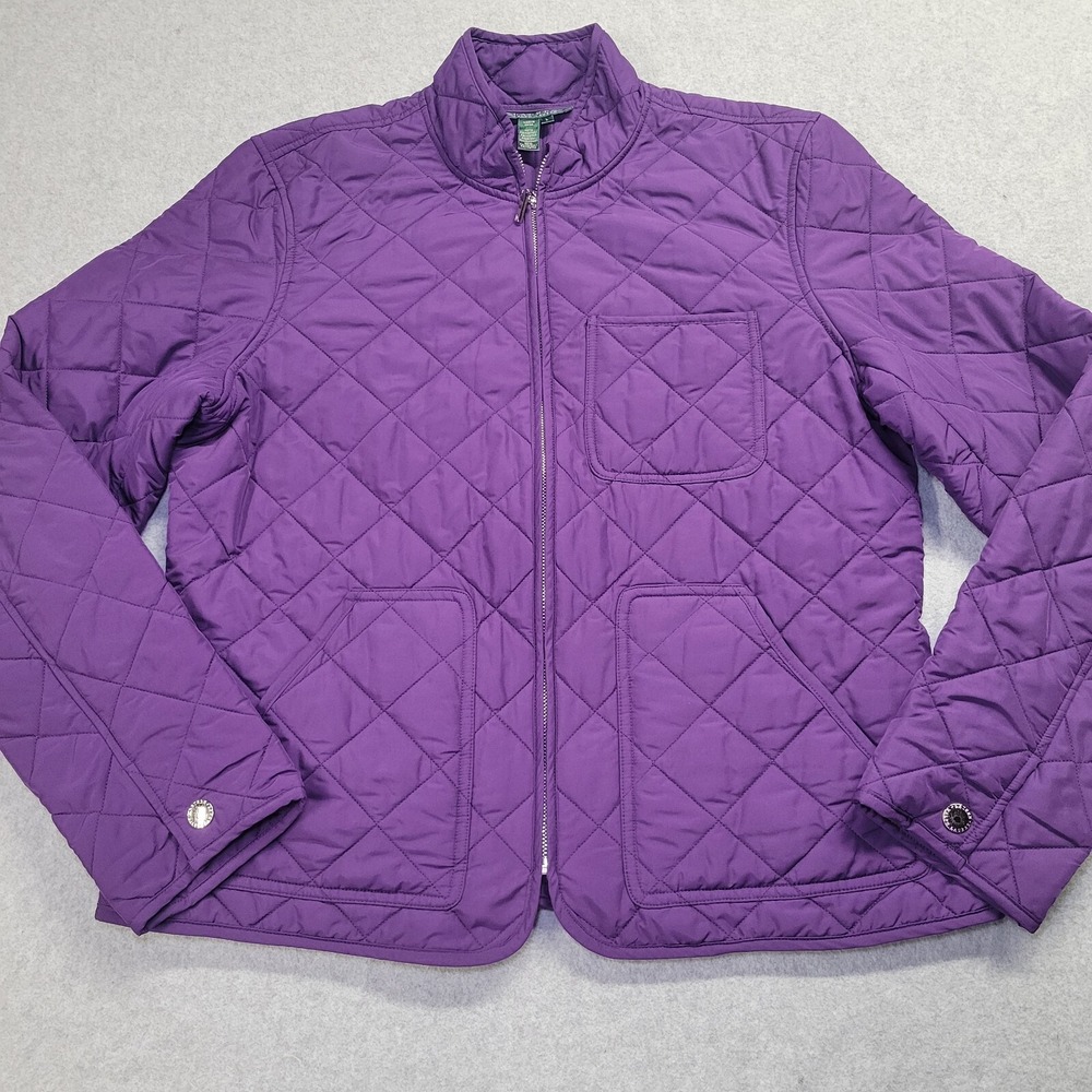 Lauren Ralph Lauren Purple Quilted Zip Front Jacket Womens Large Mock Neck LRL